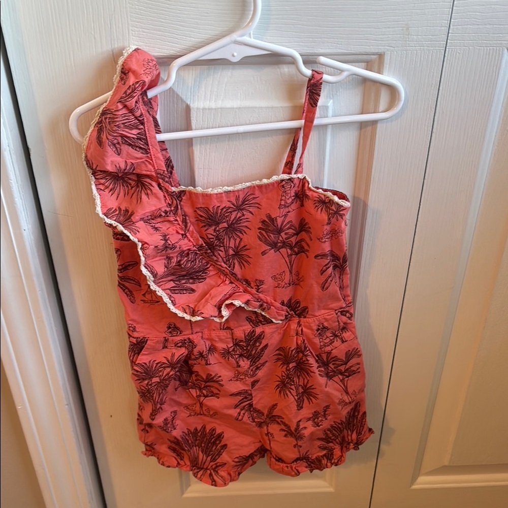 Coral Palm Print Ruffle Romper